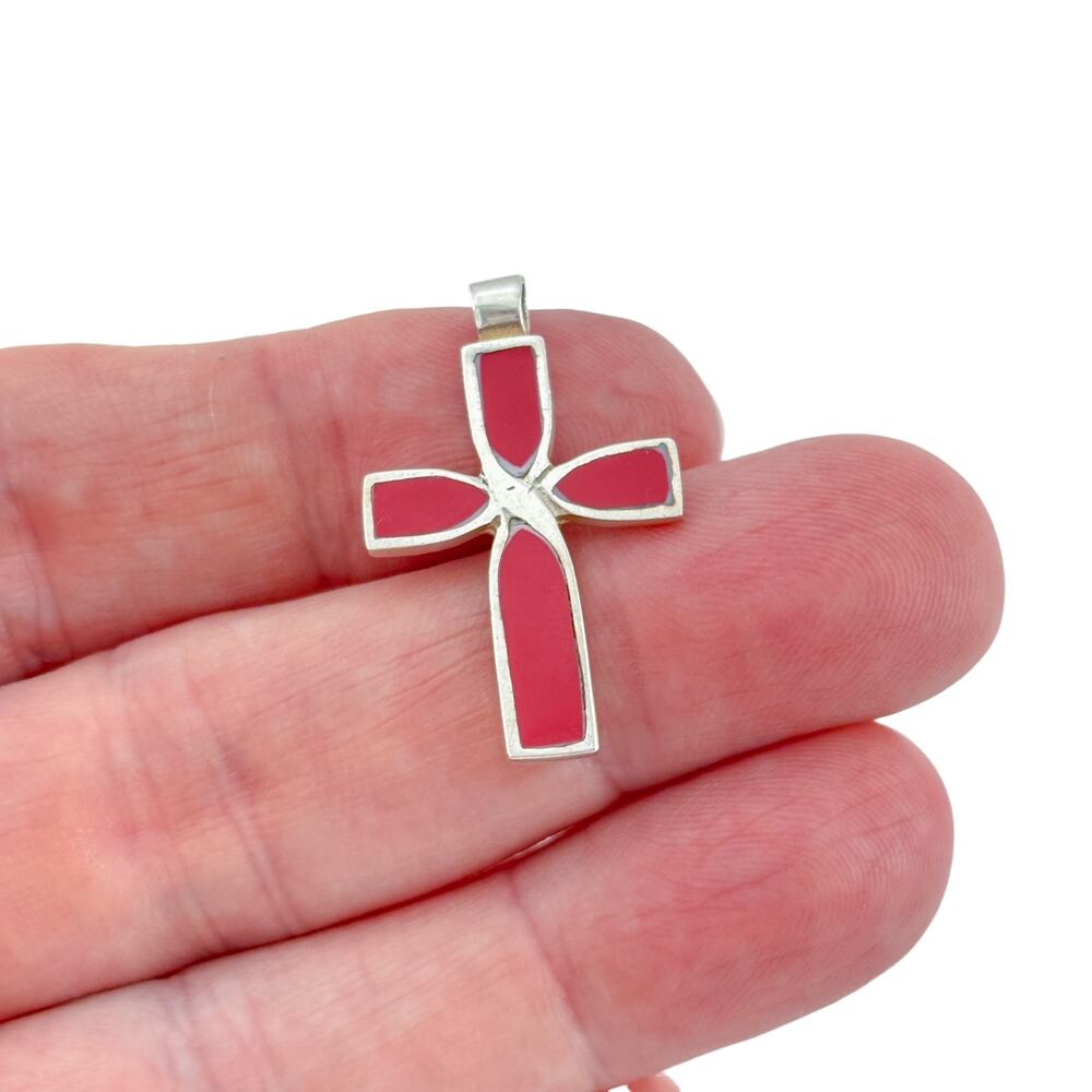 Vintage Sterling Silver 925 Coral Cross Pendant